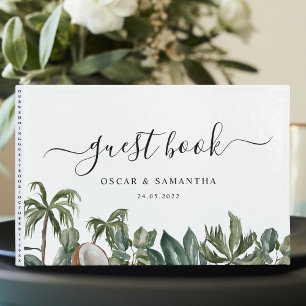 Trendy Tropical Watercolor Green Leaves Guest Book