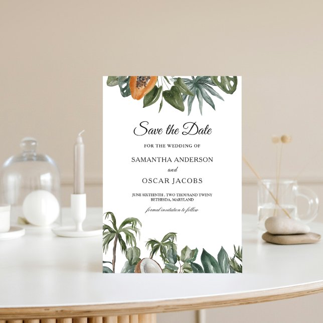 Trendy Tropical Watercolor Green Leaves Save The Date (Creator Uploaded)