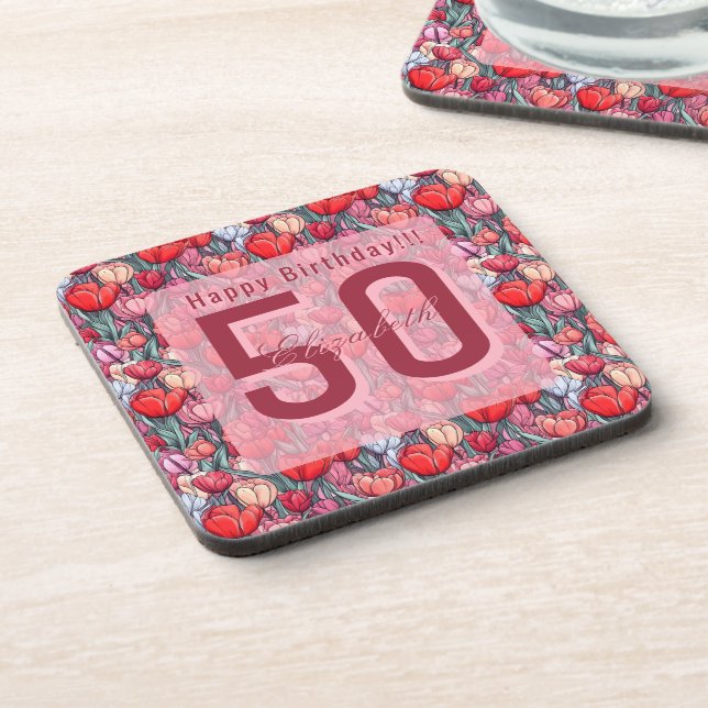 Trendy Tulip Flower Birthday Coaster (Left Side)