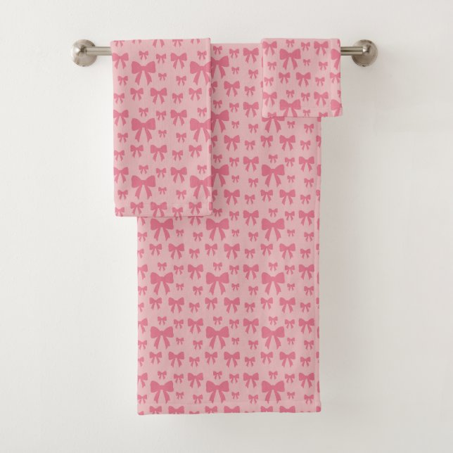 Trendy Tulip Pink Bows Pattern On Boho Chic Pink Bath Towel Set (Insitu)