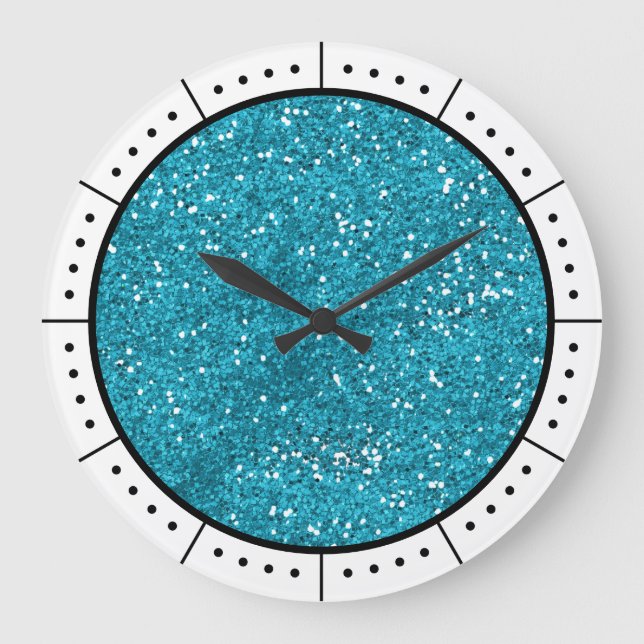 Trendy Turquoise Blue Glitter Large Clock (Front)