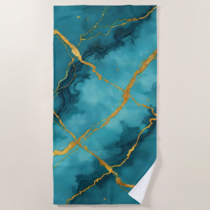 Trendy Turquoise Blue Gold Marble Collection Beach Towel
