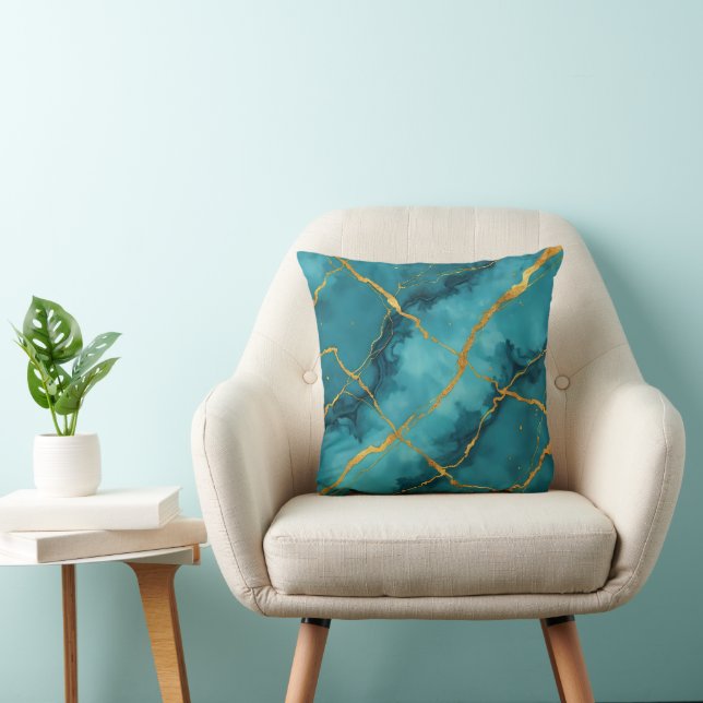 Trendy Turquoise Blue Gold Marble Collection Cushion (Chair)