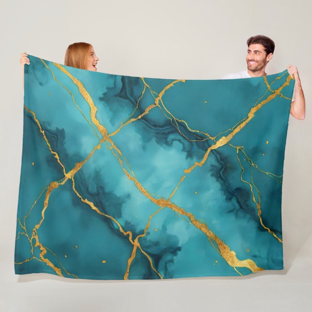 Trendy Turquoise Blue Gold Marble Collection Fleece Blanket (In Situ)