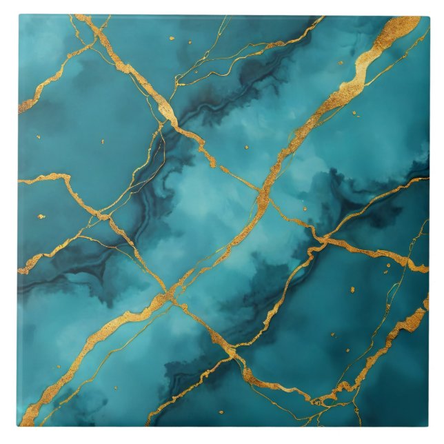 Trendy Turquoise Blue Gold Marble Collection Tile (Front)