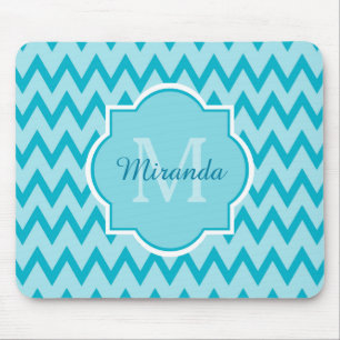 Trendy Turquoise Chevron Zigzag Name and Monogram Mouse Mat