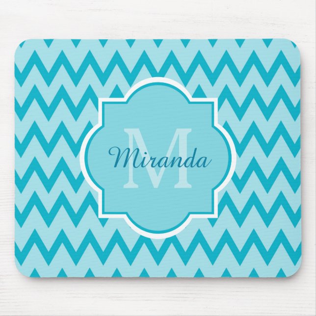 Trendy Turquoise Chevron Zigzag Name and Monogram Mouse Mat (Front)