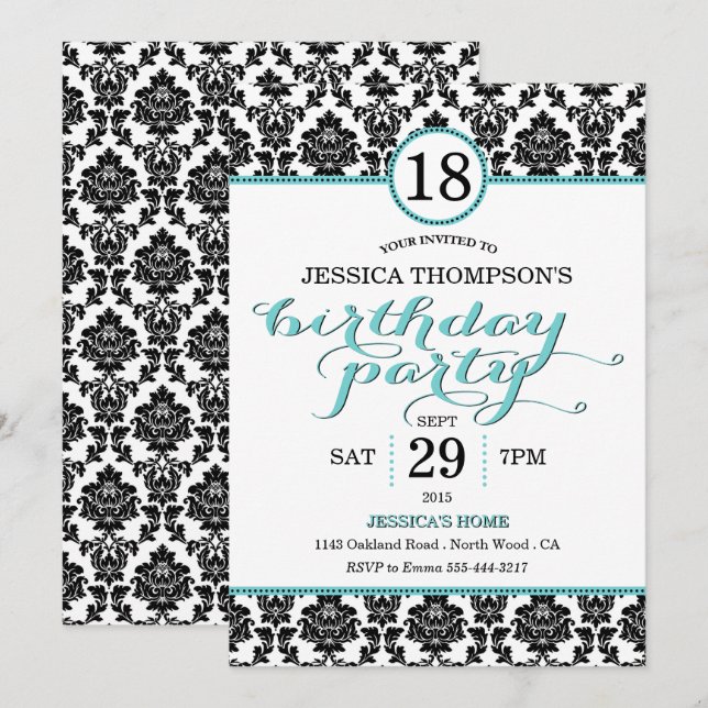 Trendy Turquoise Damask Birthday Party Invitations (Front/Back)