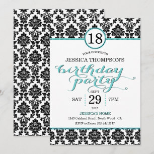 Trendy Turquoise Damask Birthday Party Invitations
