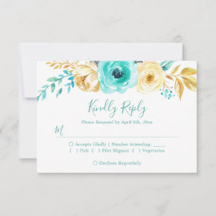 Trendy Turquoise Gold Floral Wedding RSVP Reply