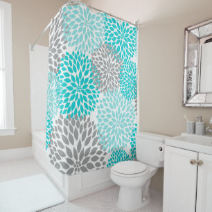Trendy Turquoise Grey Floral bathroom decor Shower Curtain