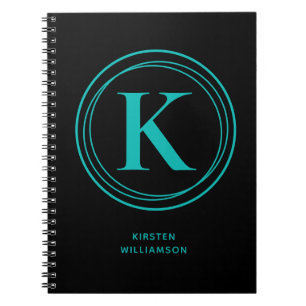 Trendy Turquoise Monogram Name Black Notebook