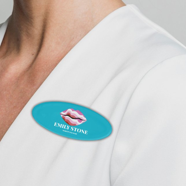trendy turquoise & pink lips kiss Name Tag (Creator Uploaded)