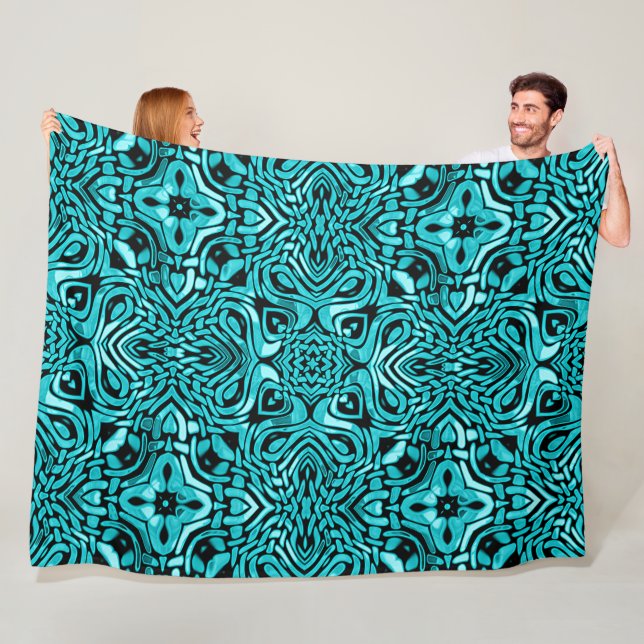 Trendy Turquoise Teal Blue Hip Bohemian Bali Art Fleece Blanket (In Situ)