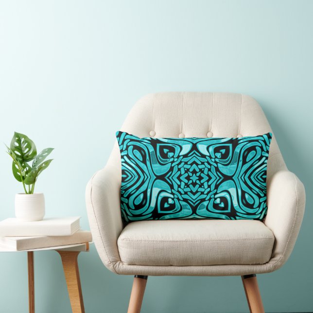 Trendy Turquoise Teal Blue Hip Bohemian Bali Art Lumbar Cushion (Chair)