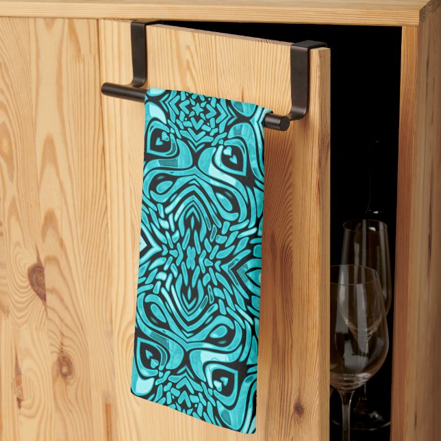 Trendy Turquoise Teal Blue Hip Bohemian Bali Art Tea Towel (Thirds Fold)