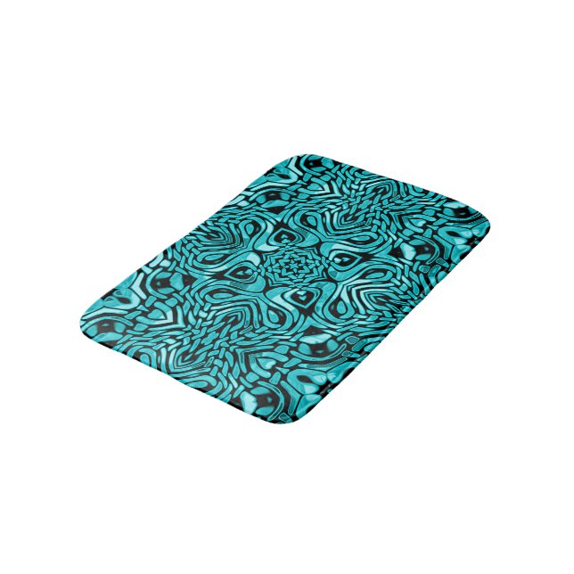Trendy Turquoise Teal Blue Tribal Art Bath Mat (Angled)
