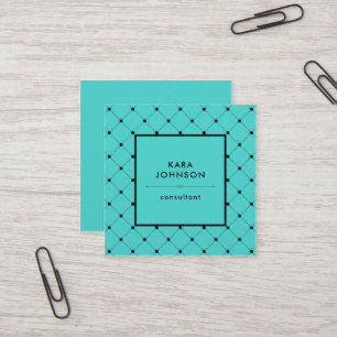 Trendy Turquoise with Chic Black Dots Pattern Square Business Card