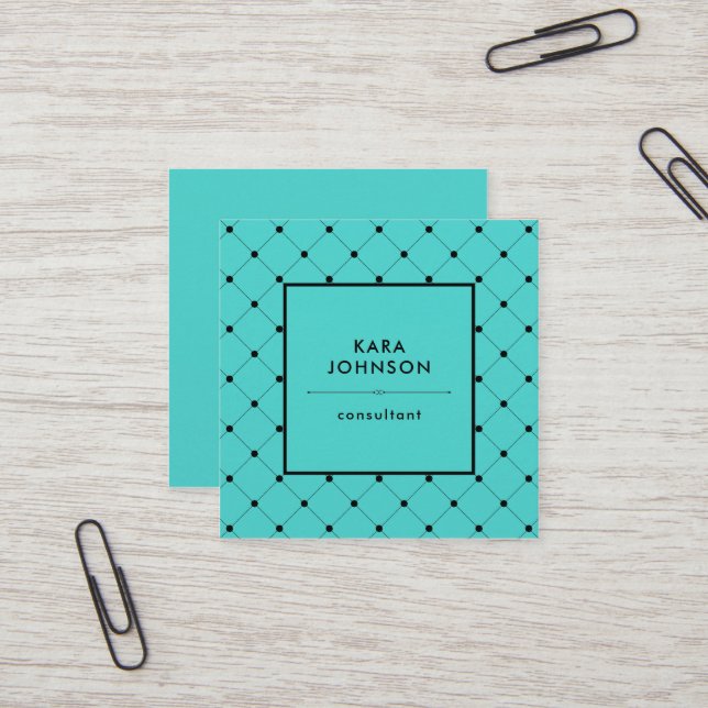 Trendy Turquoise with Chic Black Dots Pattern Square Business Card (Front/Back In Situ)