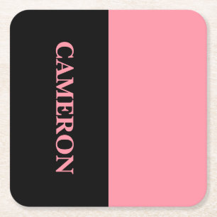 Trendy Two Colours   Name   Black and Salmon Pink Square Paper Coaster
