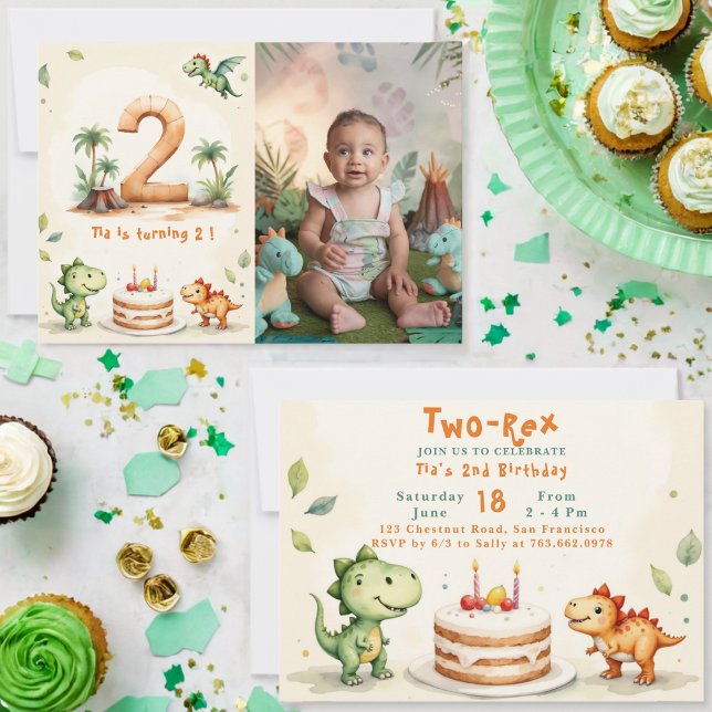 Trendy Two-rex Dinosaur  2nd Birthday Photo Invitation (Creator Uploaded)