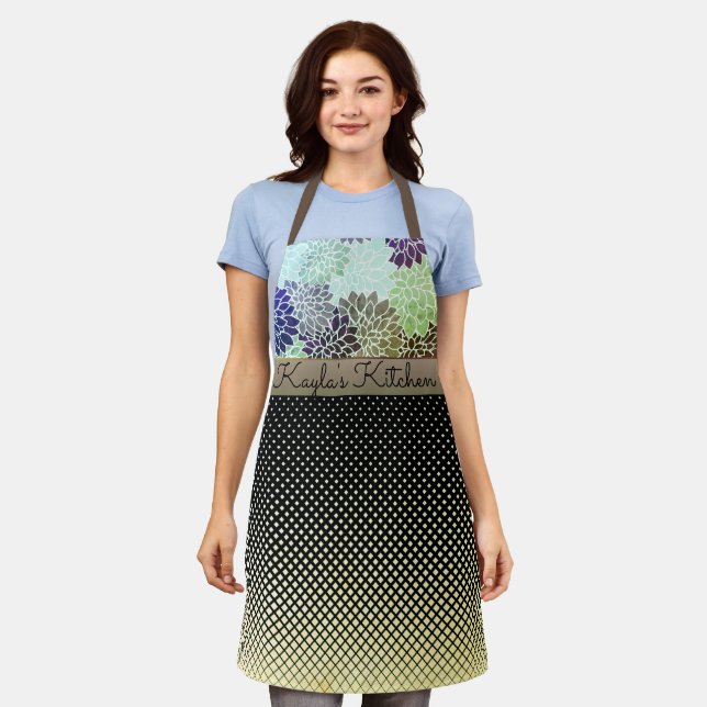 Trendy Two Tone Floral Chequered Personalised Apron (Worn)