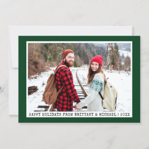 Trendy Typewriter Font Minimalist Photo Green Holiday Card