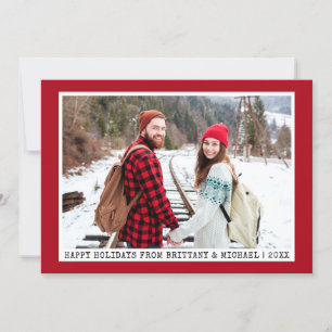 Trendy Typewriter Font Minimalist Photo Red Holiday Card