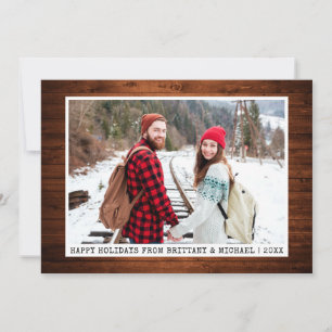 Trendy Typewriter Font Minimalist Wood Photo Holiday Card