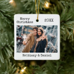 Trendy Typewriter Text Merry Christmas Photo Ceramic Ornament<br><div class="desc">Modern Trendy Typewriter Text Simple Minimalist,  Merry Christmas Photo Ceramic Ornament</div>