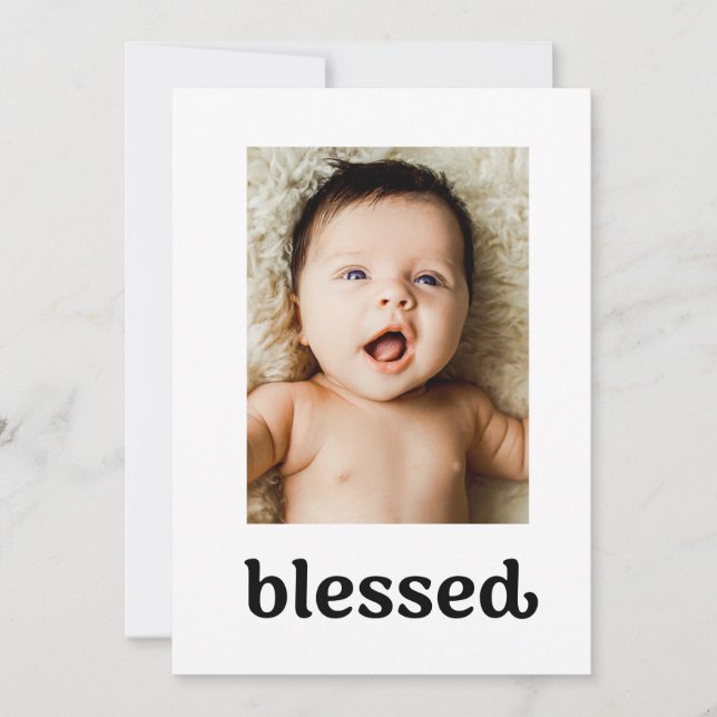 Trendy typography Blessed Cross Baby Baptism Photo Thank You Card (Front)