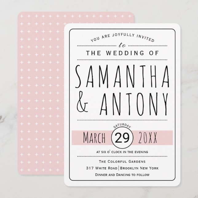 Trendy typography blush pink wedding invitation (Front/Back)