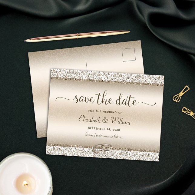 Trendy Typography Champagne Wedding Save the Date Announcement Postcard (Creator Uploaded)