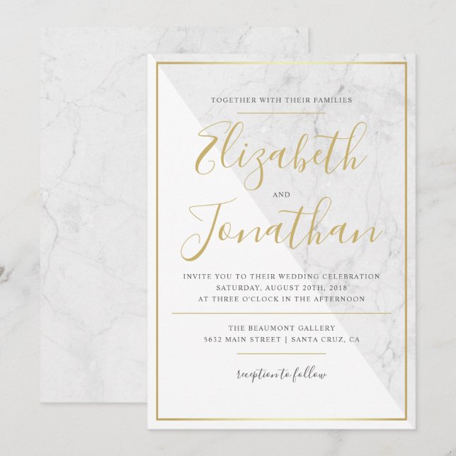 Trendy Typography | Chic Marble Wedding Invitation (Front/Back)