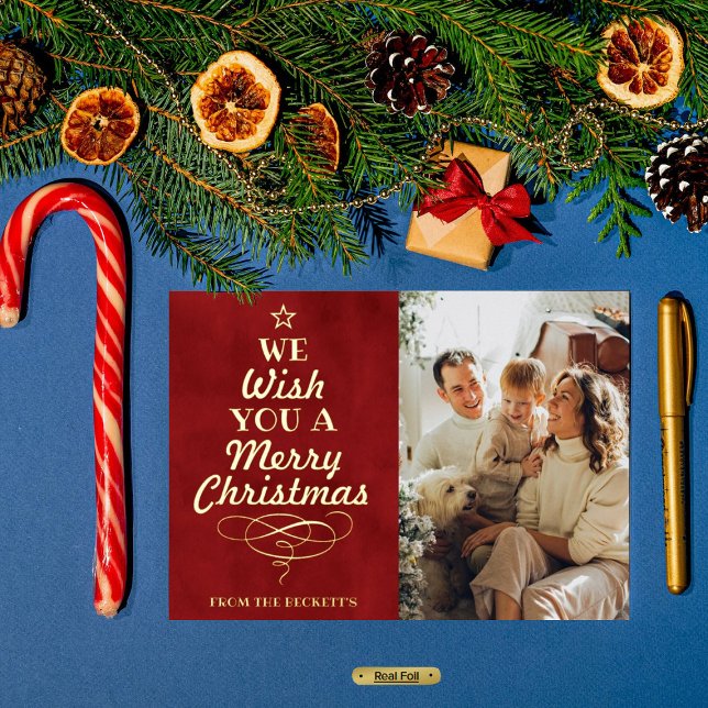 Trendy Typography Christmas Tree Photo Real Foil Holiday Card (Creator Uploaded)
