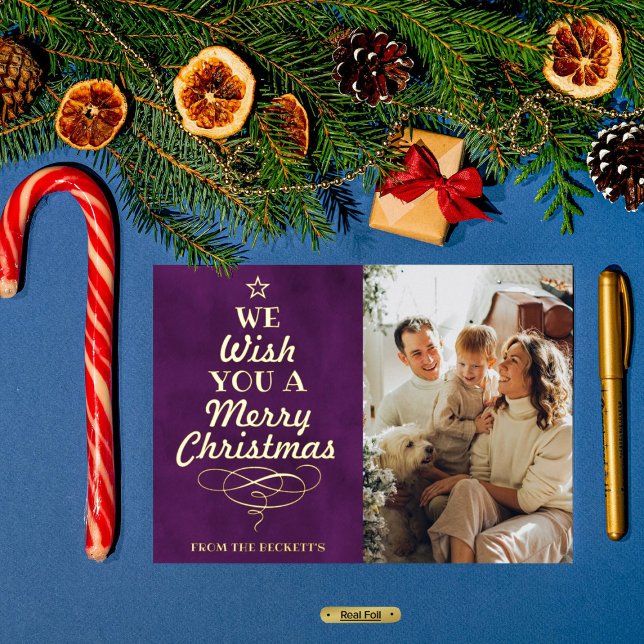 Trendy Typography Christmas Tree Photo Real Foil Holiday Card (Creator Uploaded)