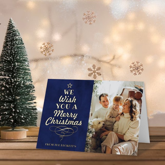 Trendy Typography Christmas Tree Photo Real Foil Holiday Card (Creator Uploaded)
