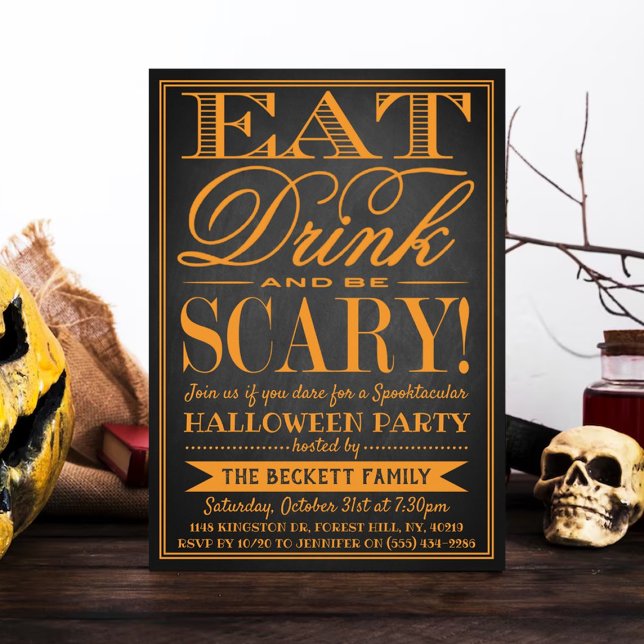 Trendy Typography Eat, Drink & Be Scary Halloween Invitation (Creator Uploaded)