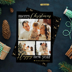 Trendy Typography Merry Christmas 3 Photo Real Foil Holiday Card