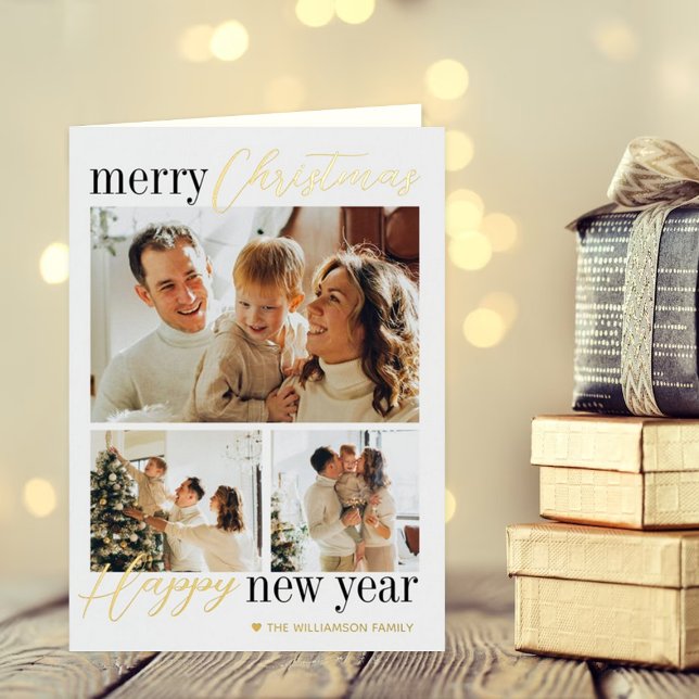 Trendy Typography Merry Christmas 3 Photo Real Foil Holiday Card (Creator Uploaded)