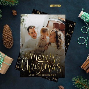 Trendy Typography Merry Christmas Photo Real Foil Holiday Card