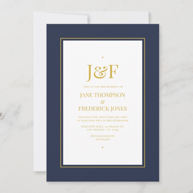 Trendy Typography Navy and Gold Wedding Invitation (Front)