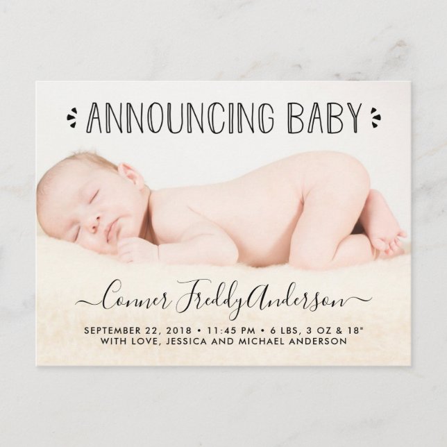 Trendy Typography Photo Birth Announcement Postcard (Front)