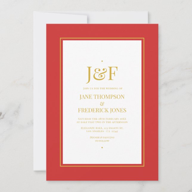 Trendy Typography Red and Gold Wedding Invitation (Front)