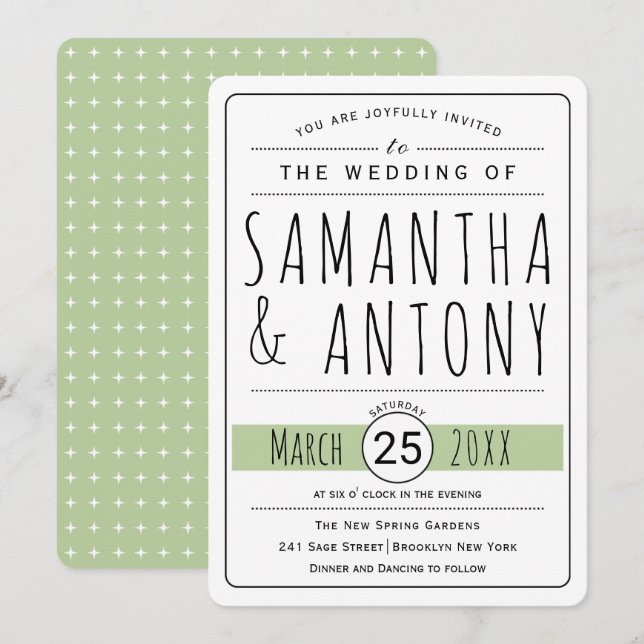 Trendy typography sage green wedding invitation (Front/Back)