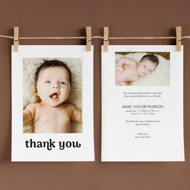 Trendy Typography Simple Modern 2 Baby Photos Thank You Card (Baby shower thank you card with birth stats, photos, message and baby name. Front and back of card)