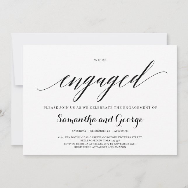Trendy typography we're engaged engagement invitation (Front)
