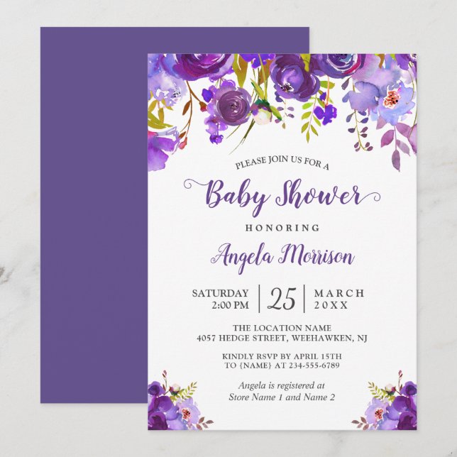 Trendy Ultra Violet Purple Floral Baby Shower Invitation (Front/Back)