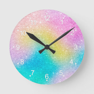 Trendy unicorn rainbow glitter holographic pattern round clock
