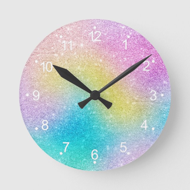 Trendy unicorn rainbow glitter holographic pattern round clock (Front)
